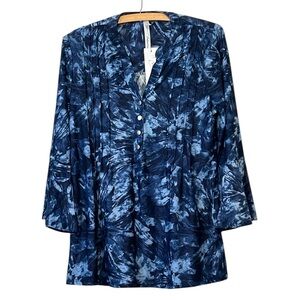 NY Collection 3/4 Bell Sleeve Pleat Front Y-neck Top, Women’s, Blue&White, Small